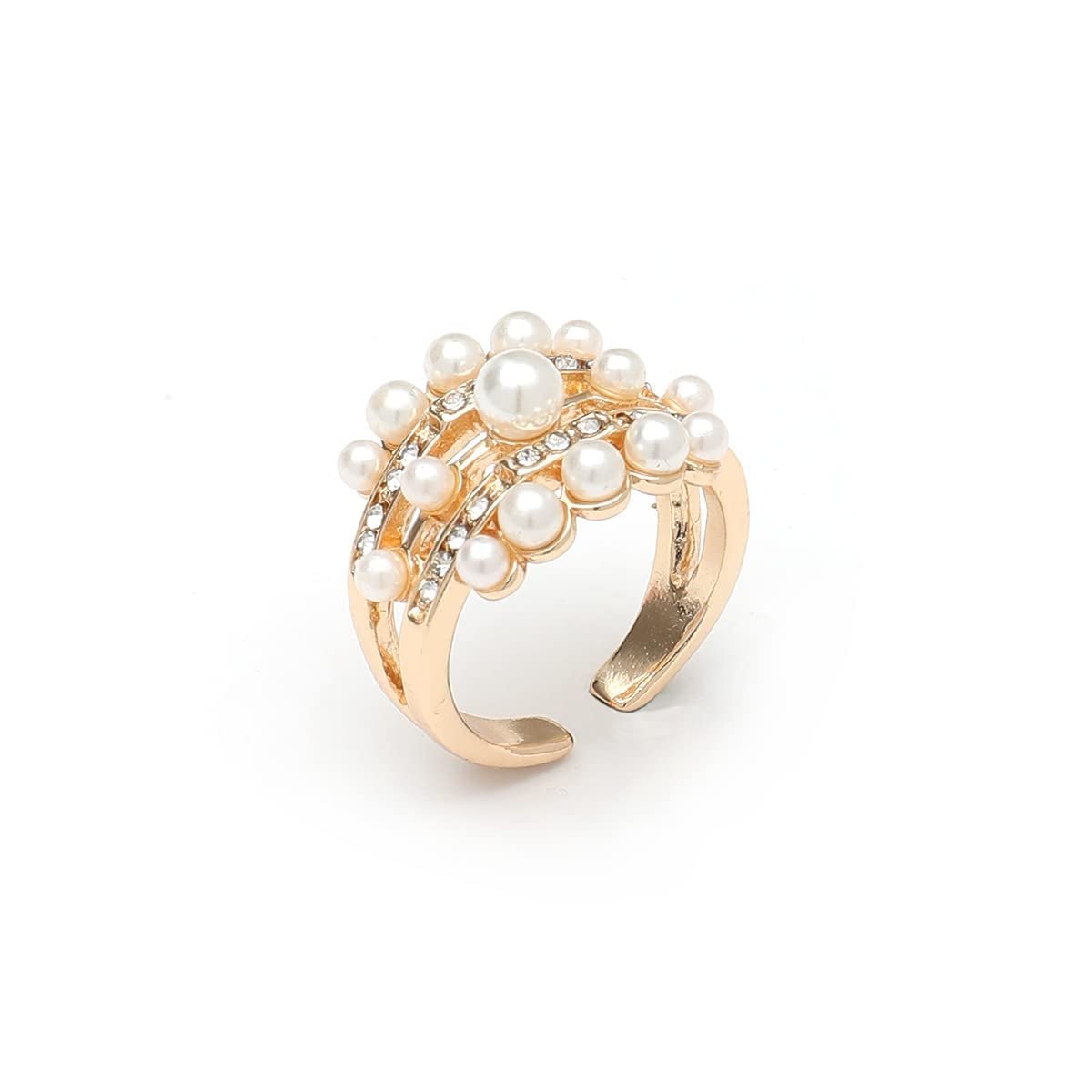 Handmade Pearl Ring Stacking Pearl Statement Rings Adjustable Open Pearl Full Finger Ring Trendy Personality Pearl Cluster Jewelry for Women (C)