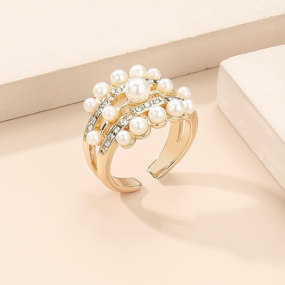 Handmade Pearl Ring Stacking Pearl Statement Rings Adjustable Open Pearl Full Finger Ring Trendy Personality Pearl Cluster Jewelry for Women (C)