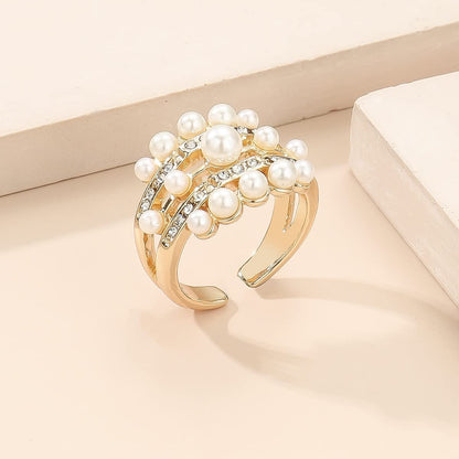 Handmade Pearl Ring Stacking Pearl Statement Rings Adjustable Open Pearl Full Finger Ring Trendy Personality Pearl Cluster Jewelry for Women (C)