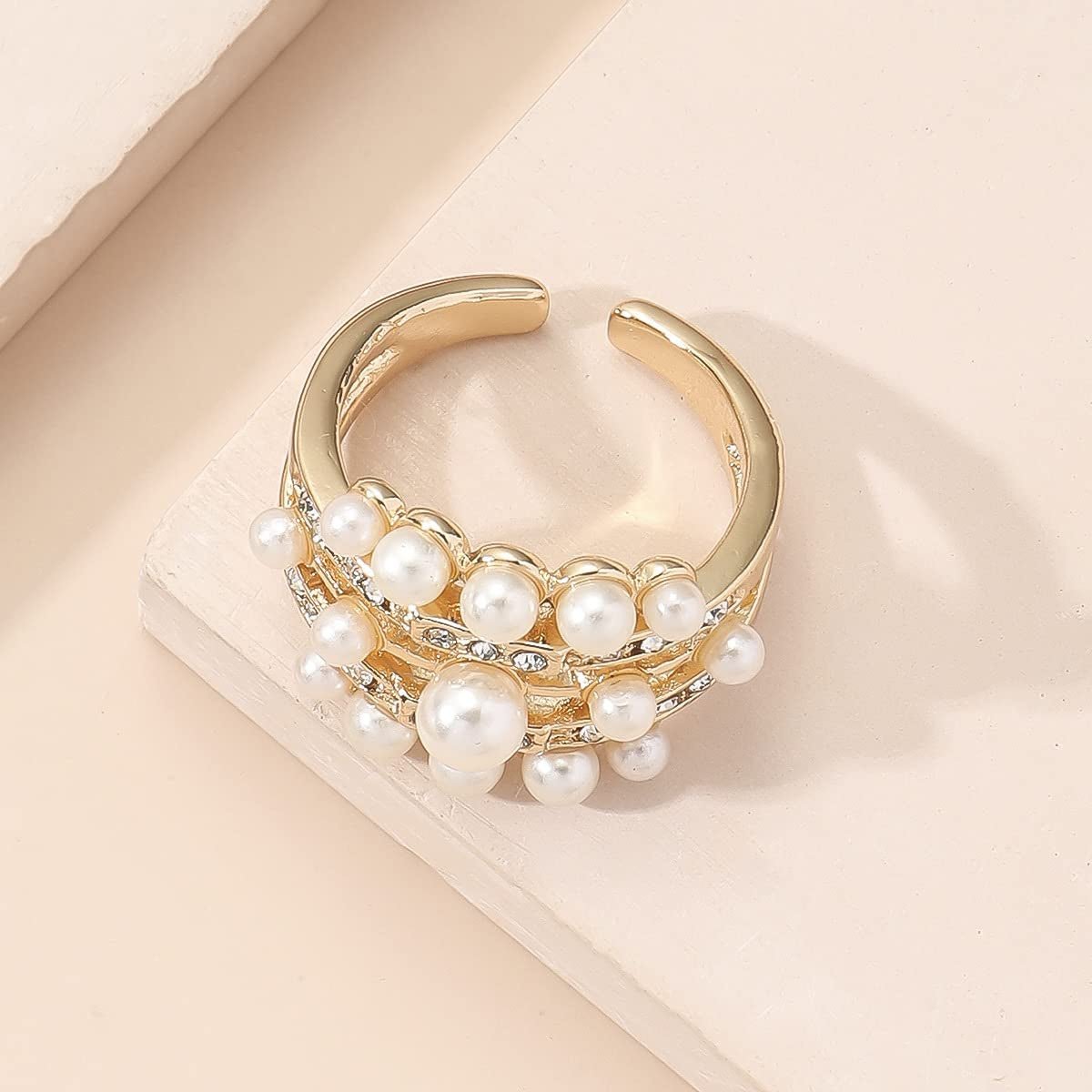 Handmade Pearl Ring Stacking Pearl Statement Rings Adjustable Open Pearl Full Finger Ring Trendy Personality Pearl Cluster Jewelry for Women (C)