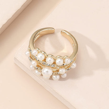 Handmade Pearl Ring Stacking Pearl Statement Rings Adjustable Open Pearl Full Finger Ring Trendy Personality Pearl Cluster Jewelry for Women (C)