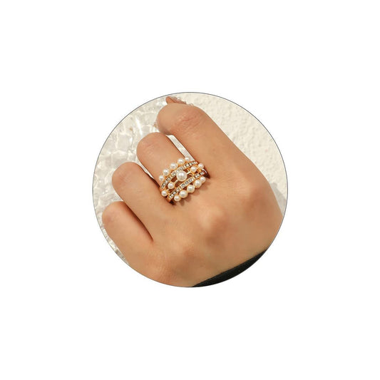 Handmade Pearl Ring Stacking Pearl Statement Rings Adjustable Open Pearl Full Finger Ring Trendy Personality Pearl Cluster Jewelry for Women (C) - WORLD TIME VISITS