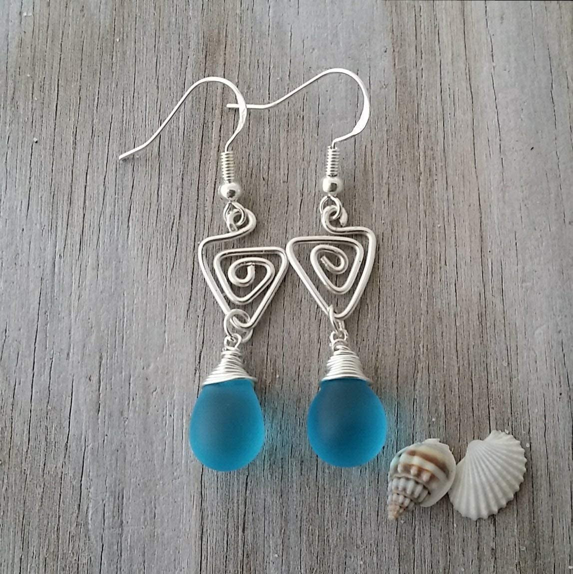 Handmade Sea Glass Earrings, Hawaiian Jewelry, Wire Turquoise Earrings Blue Earrings Teardrop Earrings, Sea Glass Jewelry for Women Birthday Gift for Her (December Birthstone Jewerly)