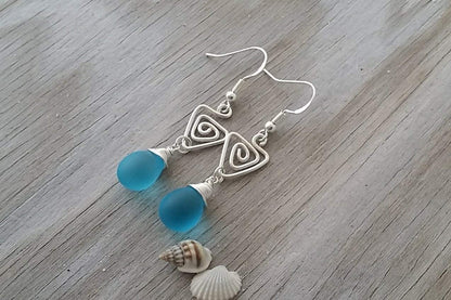 Handmade Sea Glass Earrings, Hawaiian Jewelry, Wire Turquoise Earrings Blue Earrings Teardrop Earrings, Sea Glass Jewelry for Women Birthday Gift for Her (December Birthstone Jewerly)