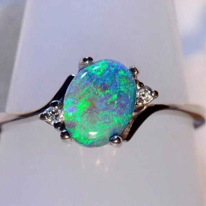 Hannah Martin Exquisite 925 Solid Sterling Silver Natural Gemstone Genuine Orange and Blue Multicolor Opal Diamond Ring Bride Wedding Engagement Fine Jewelry