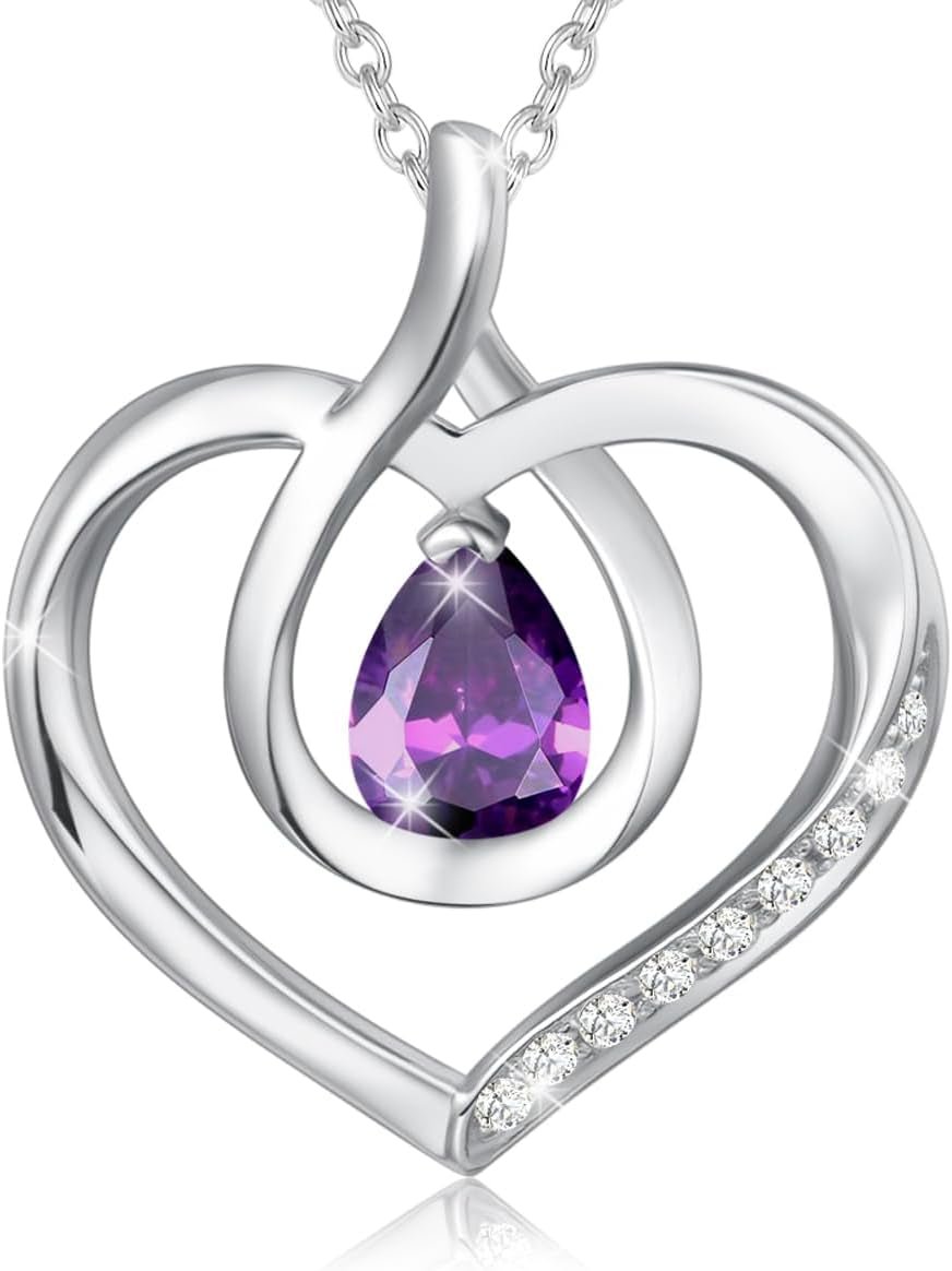 Heart Birthstone Necklace for Women Sterling Silver Genuine or Created Gemstone Forever Love Pendant Necklace Fine Jewelry Anniversary Birthday Gifts for Women Mom Wife Her - WORLD TIME VISITS
