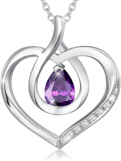 Heart Birthstone Necklace for Women Sterling Silver Genuine or Created Gemstone Forever Love Pendant Necklace Fine Jewelry Anniversary Birthday Gifts for Women Mom Wife Her - WORLD TIME VISITS