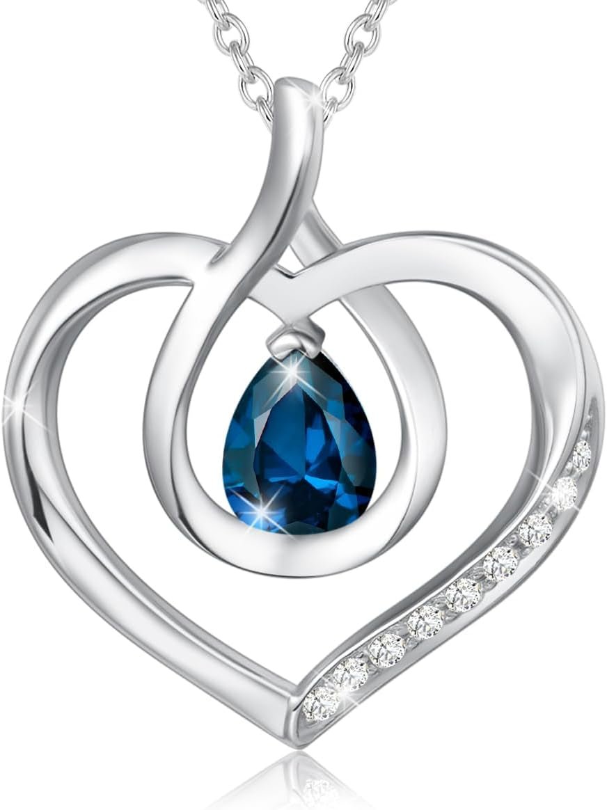 Heart Birthstone Necklace for Women Sterling Silver Genuine or Created Gemstone Forever Love Pendant Necklace Fine Jewelry Anniversary Birthday Gifts for Women Mom Wife Her - WORLD TIME VISITS