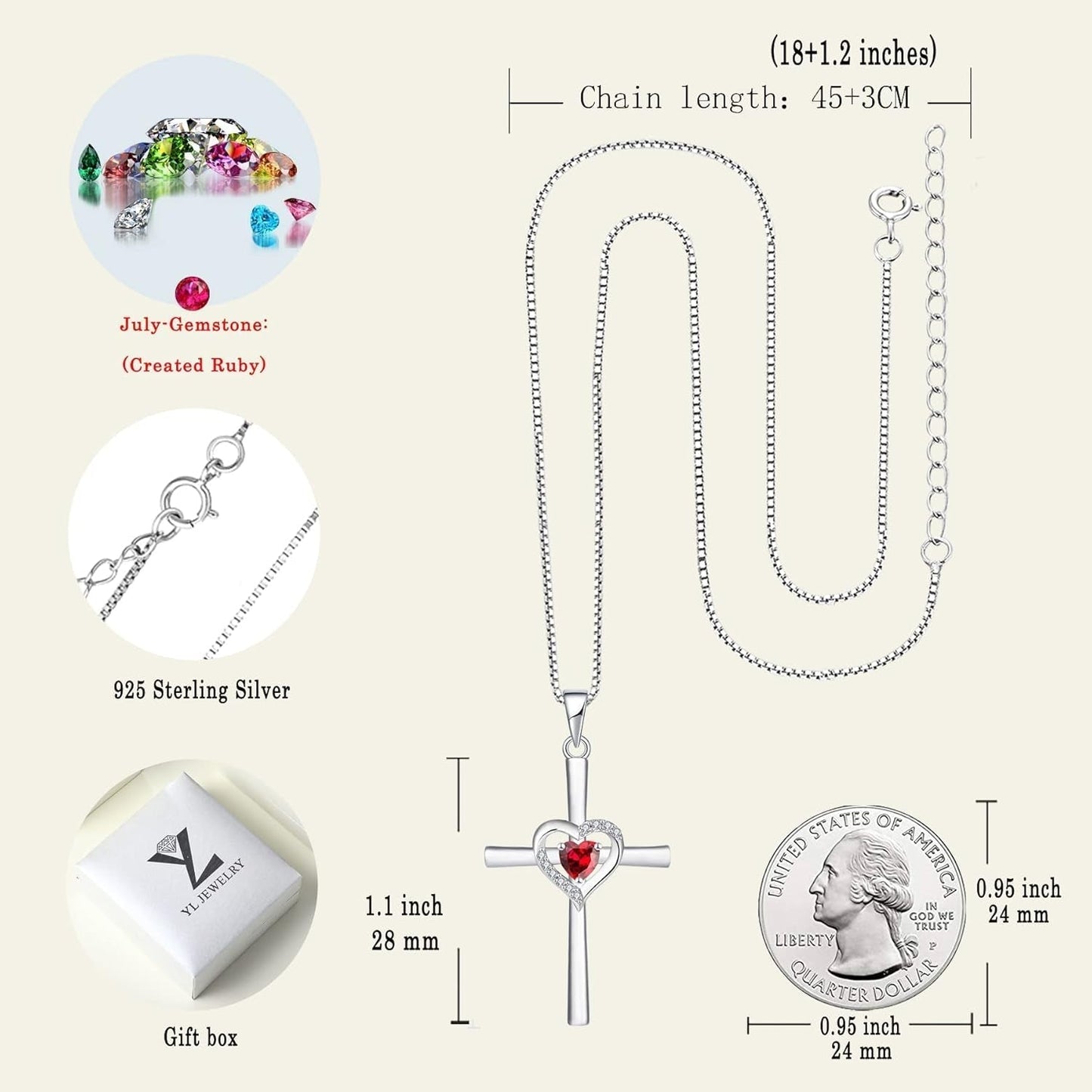 Heart Cross Necklace Sterling Silver Crucifix Pendant Gemstones Criss Jewelry for Women