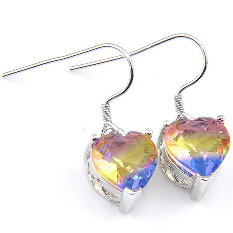 Heart Cut Shine Dazzling Fire Rainbow Tourmaline Gemstone Silver Dangle Earrings for Women Wedding Holiday Friends