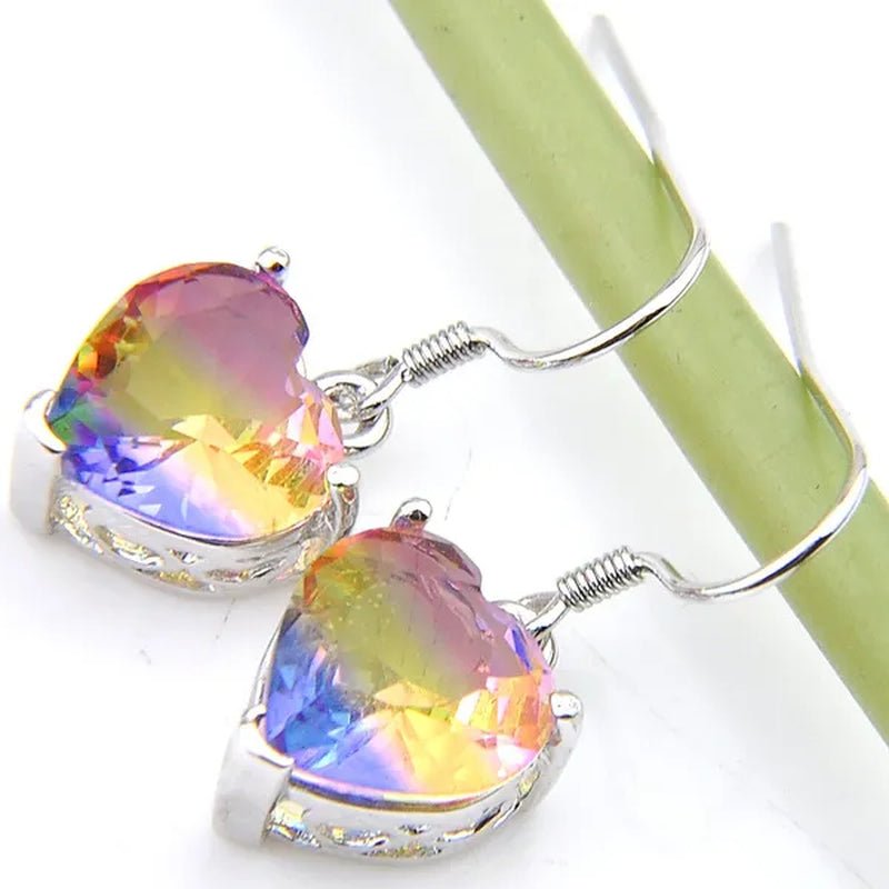 Heart Cut Shine Dazzling Fire Rainbow Tourmaline Gemstone Silver Dangle Earrings for Women Wedding Holiday Friends