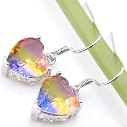Heart Cut Shine Dazzling Fire Rainbow Tourmaline Gemstone Silver Dangle Earrings for Women Wedding Holiday Friends