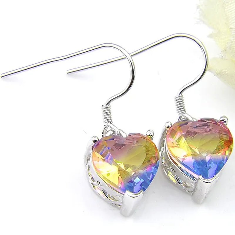 Heart Cut Shine Dazzling Fire Rainbow Tourmaline Gemstone Silver Dangle Earrings for Women Wedding Holiday Friends - WORLD TIME VISITS
