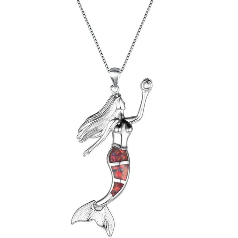 Heat! New Fashion Mermaid Fire Opal 925 Silver Pendant Necklace Bridal Personality Glamour Wedding Jewelry  5 colors