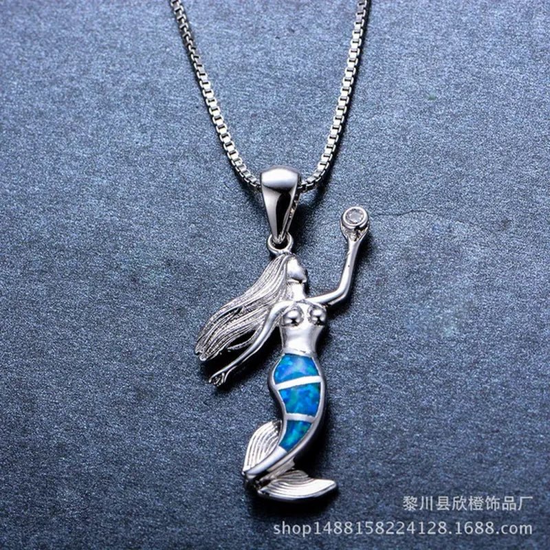 Heat! New Fashion Mermaid Fire Opal 925 Silver Pendant Necklace Bridal Personality Glamour Wedding Jewelry  5 colors