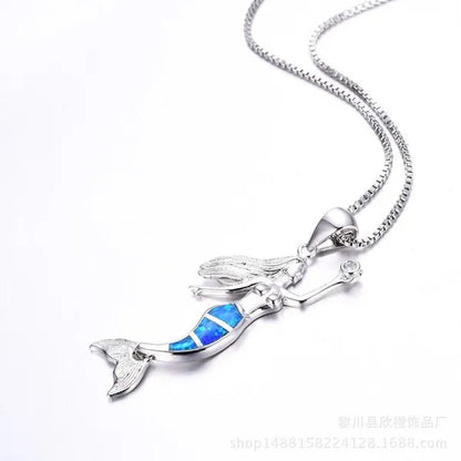 Heat! New Fashion Mermaid Fire Opal 925 Silver Pendant Necklace Bridal Personality Glamour Wedding Jewelry  5 colors