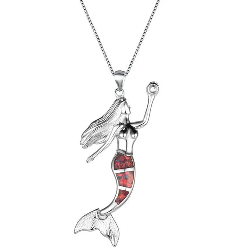 Heat! New Fashion Mermaid Fire Opal 925 Silver Pendant Necklace Bridal Personality Glamour Wedding Jewelry  5 colors
