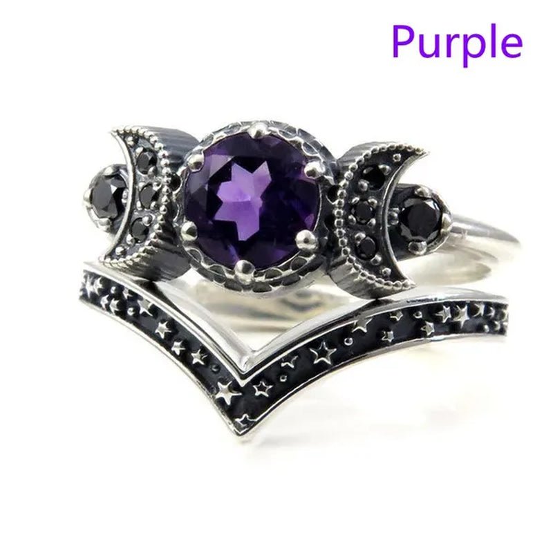 Hecate Triple Moon Ring Set Silver and Black Diamond Engagement Rings Amethyst or Red Crystal Wedding Ring Unique Moon Goddess Rings for Women Fashion Jewelry Boho & Hippie & Gothic Anniversary Gift