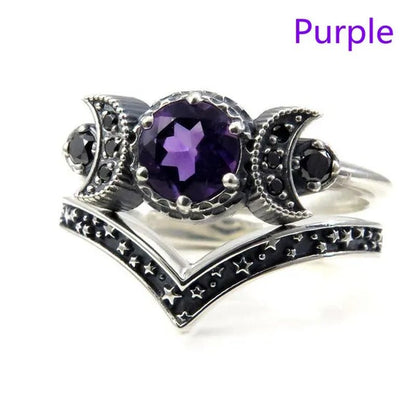Hecate Triple Moon Ring Set Silver and Black Diamond Engagement Rings Amethyst or Red Crystal Wedding Ring Unique Moon Goddess Rings for Women Fashion Jewelry Boho & Hippie & Gothic Anniversary Gift