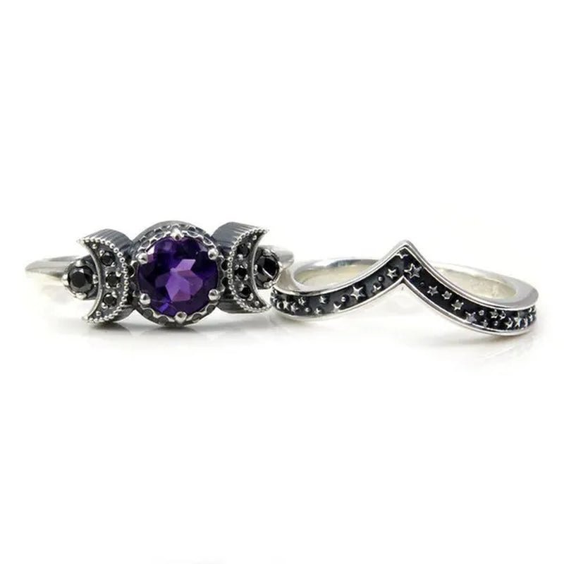 Hecate Triple Moon Ring Set Silver and Black Diamond Engagement Rings Amethyst or Red Crystal Wedding Ring Unique Moon Goddess Rings for Women Fashion Jewelry Boho & Hippie & Gothic Anniversary Gift