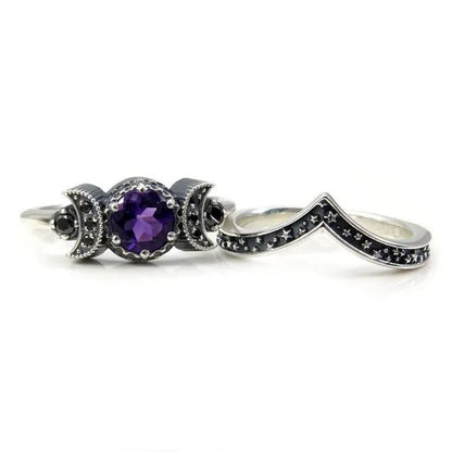 Hecate Triple Moon Ring Set Silver and Black Diamond Engagement Rings Amethyst or Red Crystal Wedding Ring Unique Moon Goddess Rings for Women Fashion Jewelry Boho & Hippie & Gothic Anniversary Gift
