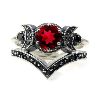 Hecate Triple Moon Ring Set Silver and Black Diamond Engagement Rings Amethyst or Red Crystal Wedding Ring Unique Moon Goddess Rings for Women Fashion Jewelry Boho & Hippie & Gothic Anniversary Gift - WORLD TIME VISITS