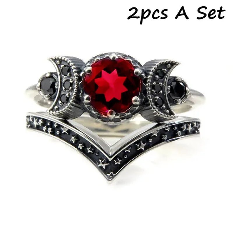 Hecate Triple Moon Ring Set Silver and Black Diamond Engagement Rings Amethyst or Red Crystal Wedding Ring Unique Moon Goddess Rings for Women Fashion Jewelry Boho & Hippie & Gothic Anniversary Gift - WORLD TIME VISITS
