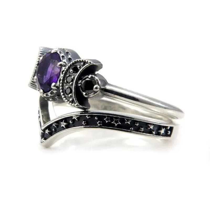 Hecate Triple Moon Ring Set Silver and Black Diamond Engagement Rings Amethyst or Red Crystal Wedding Ring Unique Moon Goddess Rings for Women Fashion Jewelry Boho & Hippie & Gothic Anniversary Gift