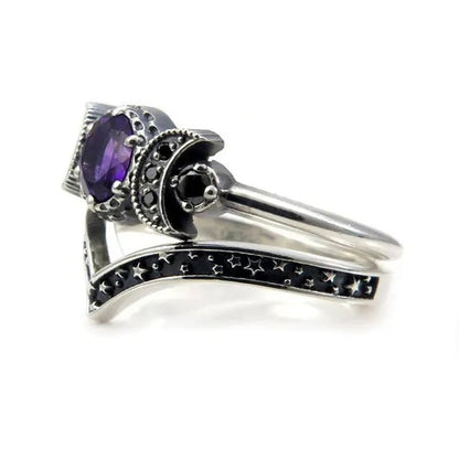 Hecate Triple Moon Ring Set Silver and Black Diamond Engagement Rings Amethyst or Red Crystal Wedding Ring Unique Moon Goddess Rings for Women Fashion Jewelry Boho & Hippie & Gothic Anniversary Gift