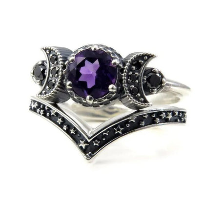 Hecate Triple Moon Ring Set Silver and Black Diamond Engagement Rings Amethyst or Red Crystal Wedding Ring Unique Moon Goddess Rings for Women Fashion Jewelry Boho & Hippie & Gothic Anniversary Gift - WORLD TIME VISITS