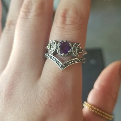 Hecate Triple Moon Ring Set Silver and Black Diamond Engagement Rings Amethyst or Red Crystal Wedding Ring Unique Moon Goddess Rings for Women Fashion Jewelry Boho & Hippie & Gothic Anniversary Gift