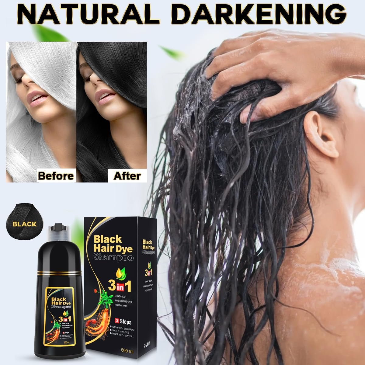 Herbal Gray Hair Coverage Shampoo for Women and Men, 3 in 1 Natural Ingredients, 500Ml (BLACK)