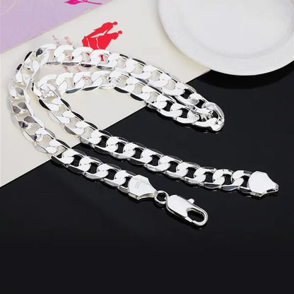 High Quality 925 Sterling Silver 12MM Width Male Jewelry 925 Solid Silver Fashion Jewelry Men Curb Chain Necklace Bracelet 8-30 inches