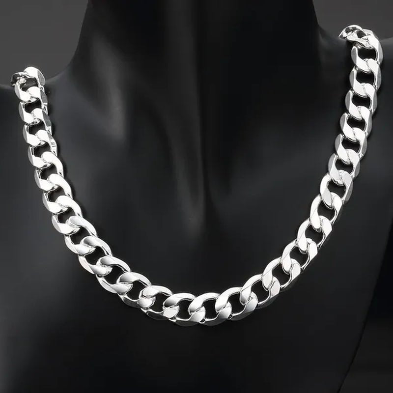 High Quality 925 Sterling Silver 12MM Width Male Jewelry 925 Solid Silver Fashion Jewelry Men Curb Chain Necklace Bracelet 8 - 30 inches - WORLD TIME VISITS