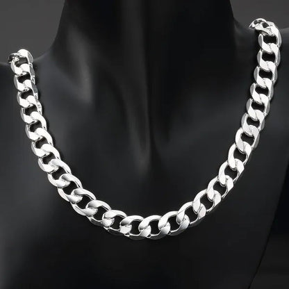 High Quality 925 Sterling Silver 12MM Width Male Jewelry 925 Solid Silver Fashion Jewelry Men Curb Chain Necklace Bracelet 8 - 30 inches - WORLD TIME VISITS