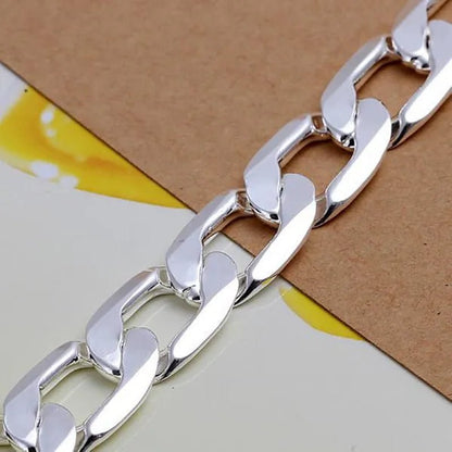 High Quality 925 Sterling Silver 12MM Width Male Jewelry 925 Solid Silver Fashion Jewelry Men Curb Chain Necklace Bracelet 8-30 inches