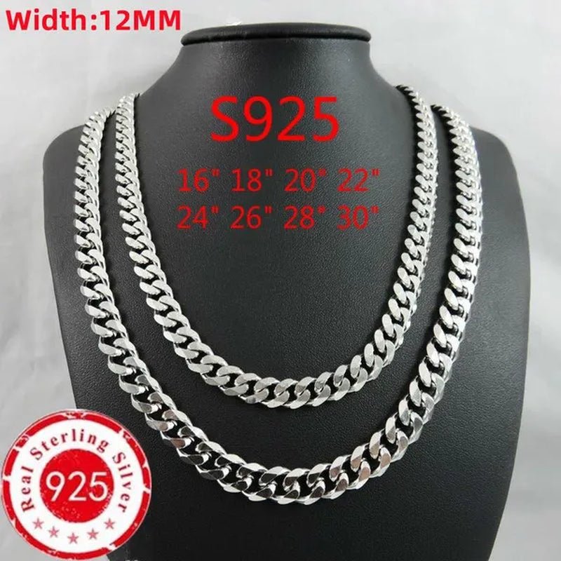 High Quality 925 Sterling Silver 12MM Width Male Jewelry 925 Solid Silver Fashion Jewelry Men Curb Chain Necklace Bracelet 8 - 30 inches - WORLD TIME VISITS