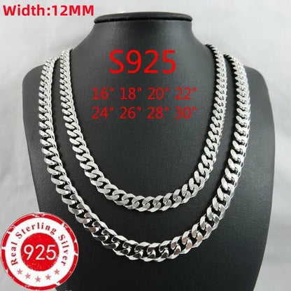 High Quality 925 Sterling Silver 12MM Width Male Jewelry 925 Solid Silver Fashion Jewelry Men Curb Chain Necklace Bracelet 8 - 30 inches - WORLD TIME VISITS