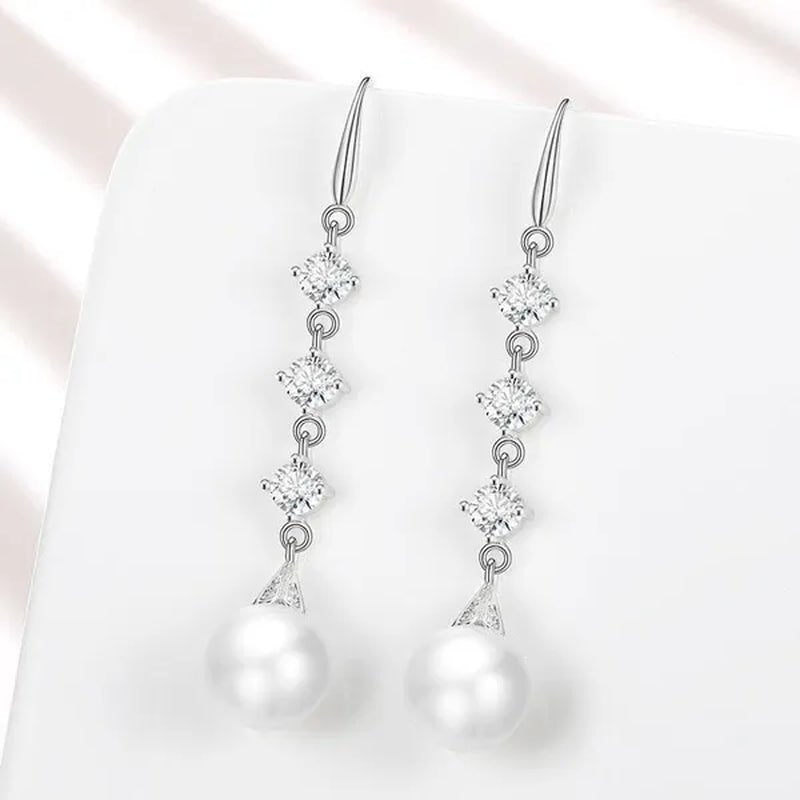High Quality Temperament White Pearl Eardrop Earrings 925 Sterling Silver Long Earhook White Zircon Ear Jewelry - WORLD TIME VISITS