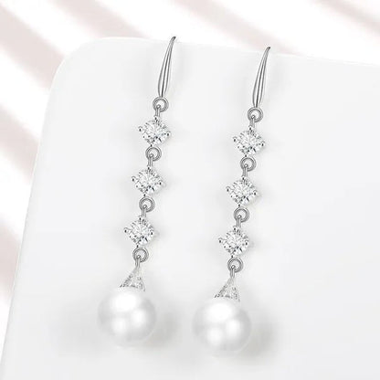 High Quality Temperament White Pearl Eardrop Earrings 925 Sterling Silver Long Earhook White Zircon Ear Jewelry - WORLD TIME VISITS