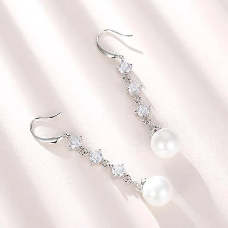 High Quality Temperament White Pearl Eardrop Earrings 925 Sterling Silver Long Earhook White Zircon Ear Jewelry