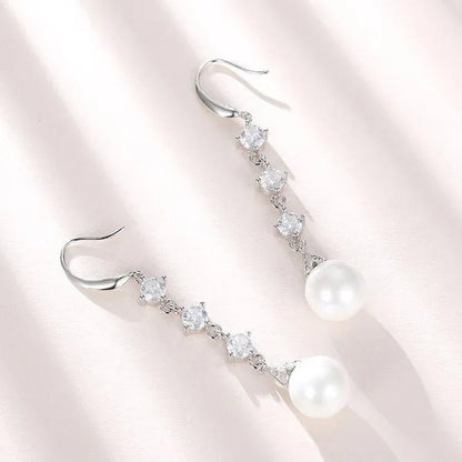 High Quality Temperament White Pearl Eardrop Earrings 925 Sterling Silver Long Earhook White Zircon Ear Jewelry