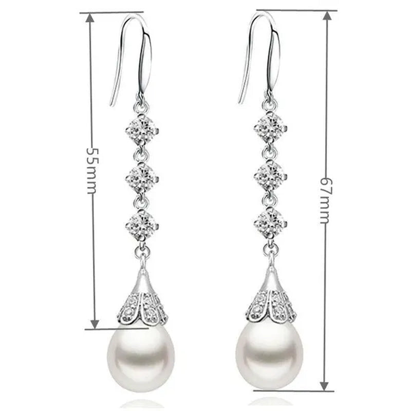 High Quality Temperament White Pearl Eardrop Earrings 925 Sterling Silver Long Earhook White Zircon Ear Jewelry