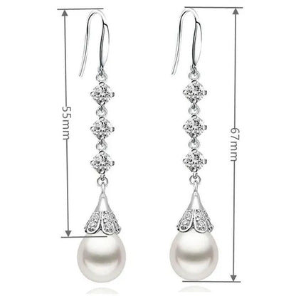 High Quality Temperament White Pearl Eardrop Earrings 925 Sterling Silver Long Earhook White Zircon Ear Jewelry