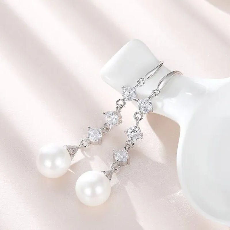 High Quality Temperament White Pearl Eardrop Earrings 925 Sterling Silver Long Earhook White Zircon Ear Jewelry