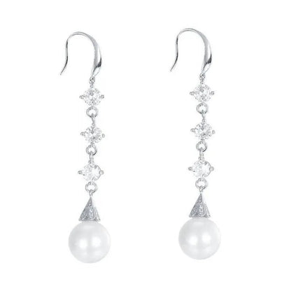High Quality Temperament White Pearl Eardrop Earrings 925 Sterling Silver Long Earhook White Zircon Ear Jewelry