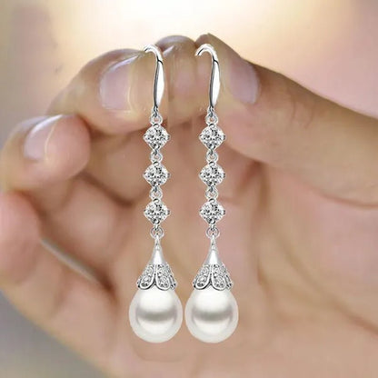 High Quality Temperament White Pearl Eardrop Earrings 925 Sterling Silver Long Earhook White Zircon Ear Jewelry - WORLD TIME VISITS