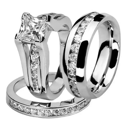 His and Hers Stainless Steel Princess Wedding Ring Set and Eternity Wedding Band - WORLD TIME VISITS
