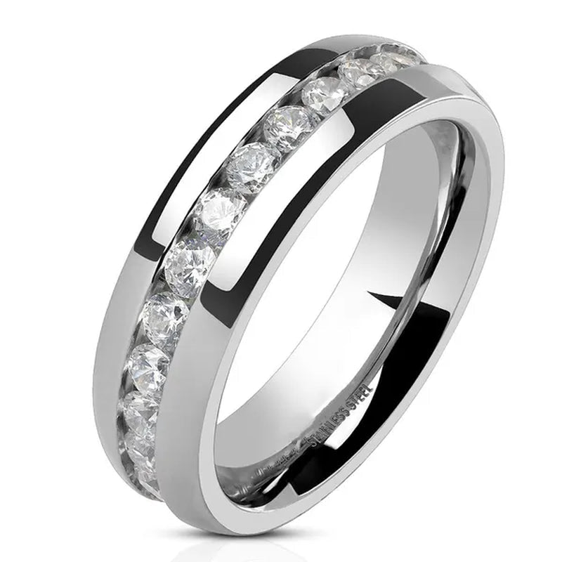 His and Hers Stainless Steel Princess Wedding Ring Set and Eternity Wedding Band