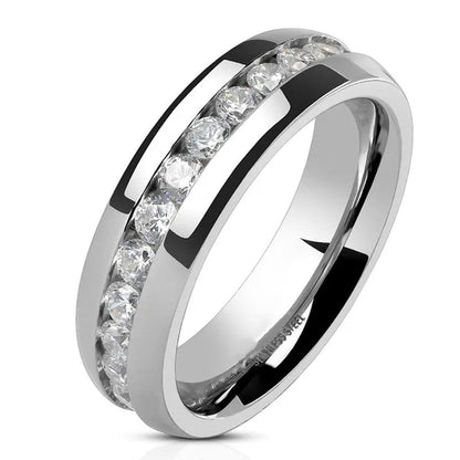 His and Hers Stainless Steel Princess Wedding Ring Set and Eternity Wedding Band